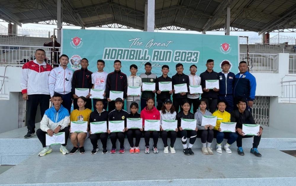 Winners with dignitaries during 3rd edition of The Great Hornbill Run at Indira Gandhi Stadium, Kohima on December 5.